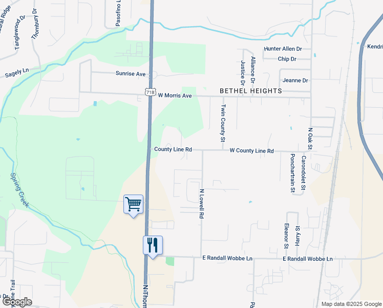 map of restaurants, bars, coffee shops, grocery stores, and more near 593 West County Line Road in Springdale