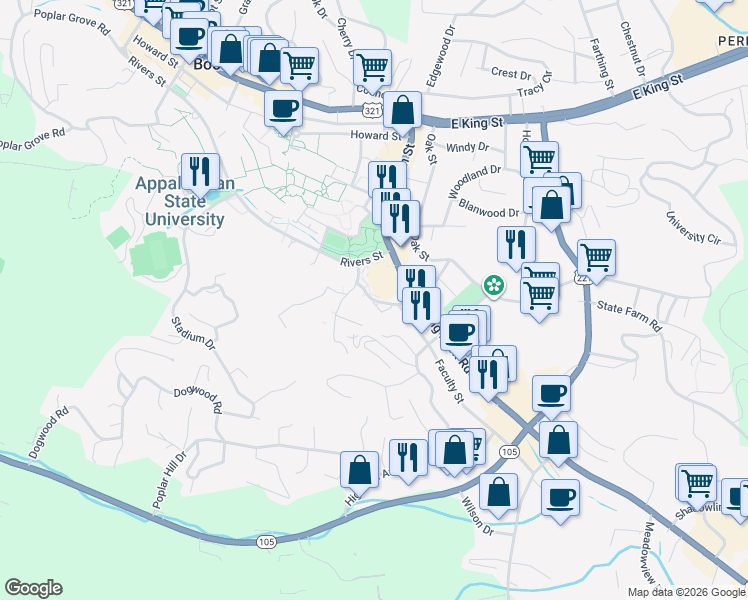 map of restaurants, bars, coffee shops, grocery stores, and more near Holmes Drive in Boone