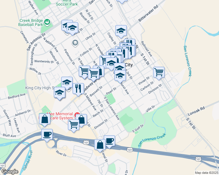 map of restaurants, bars, coffee shops, grocery stores, and more near 218 South Russ Street in King City