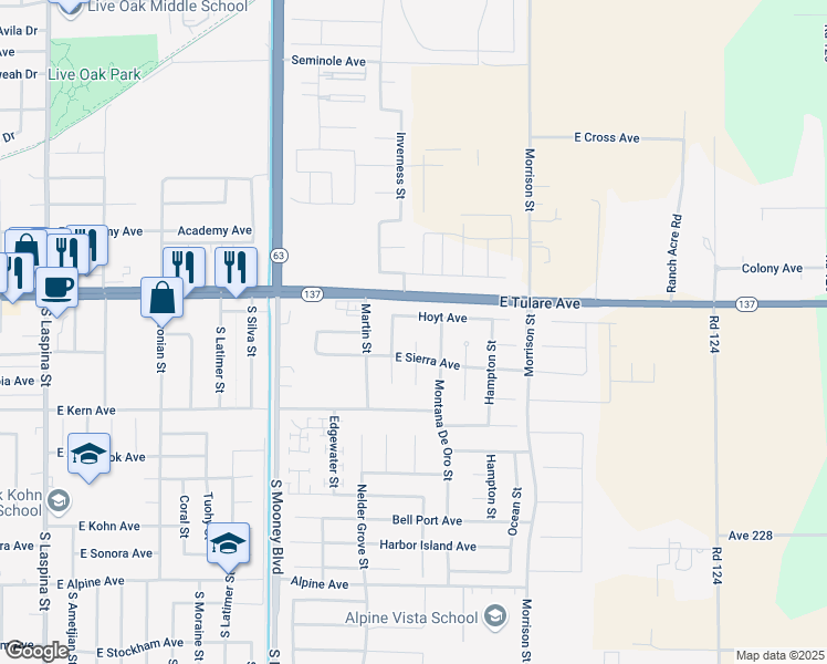 map of restaurants, bars, coffee shops, grocery stores, and more near 158 Johnson Street in Tulare