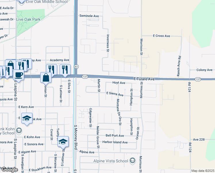 map of restaurants, bars, coffee shops, grocery stores, and more near 158 Johnson Street in Tulare
