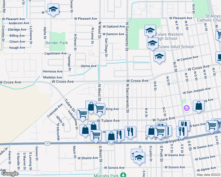 map of restaurants, bars, coffee shops, grocery stores, and more near 356 North Los Angeles Street in Tulare