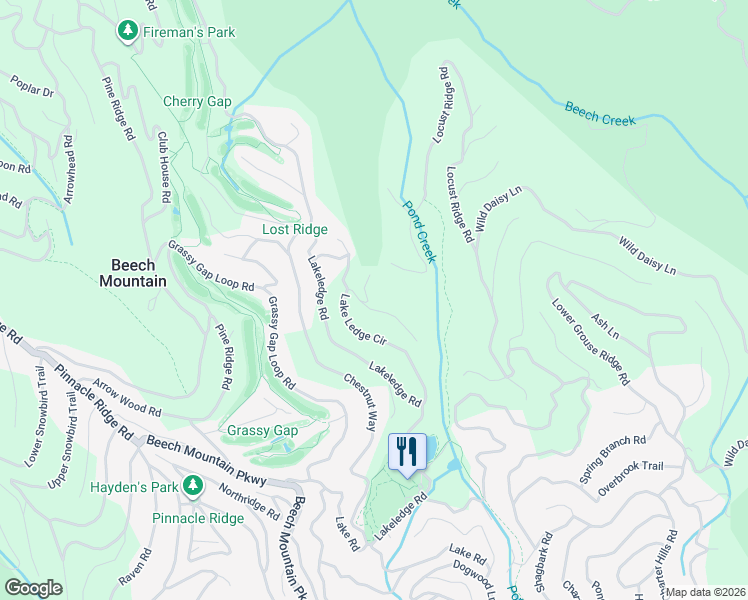 map of restaurants, bars, coffee shops, grocery stores, and more near 100 Bluebird Court in Beech Mountain