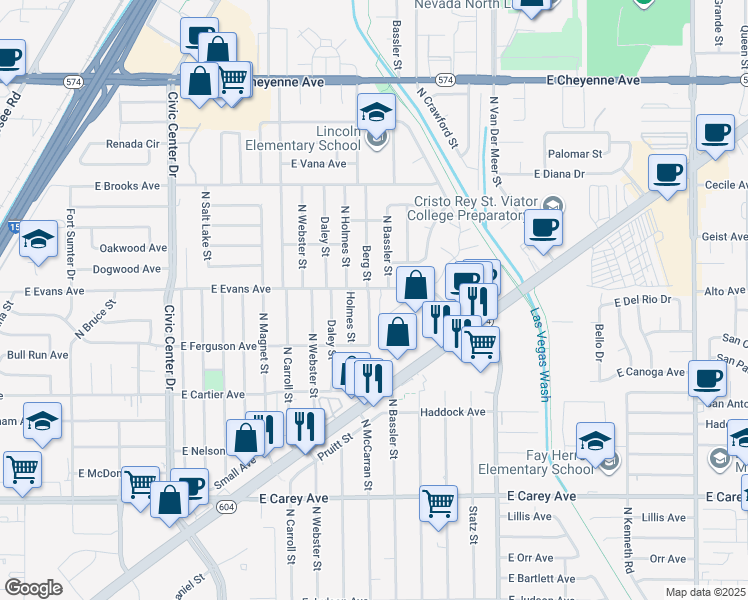 map of restaurants, bars, coffee shops, grocery stores, and more near 2732 Berg Street in North Las Vegas