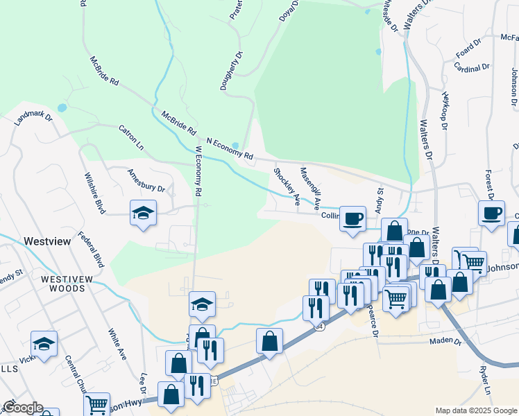 map of restaurants, bars, coffee shops, grocery stores, and more near 2505 Collins Street in Morristown