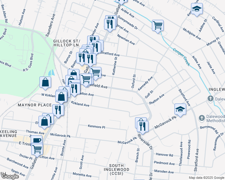 map of restaurants, bars, coffee shops, grocery stores, and more near 1200 Greenfield Avenue in Nashville