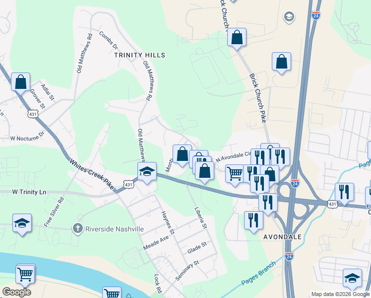 map of restaurants, bars, coffee shops, grocery stores, and more near 482 Monticello Street in Nashville