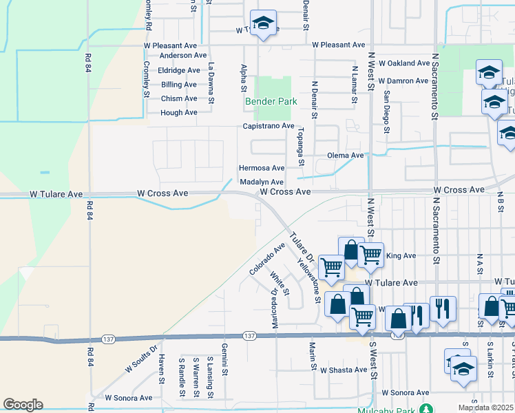 map of restaurants, bars, coffee shops, grocery stores, and more near 1901 West Tulare Avenue in Tulare