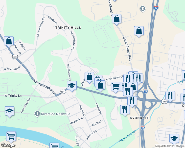 map of restaurants, bars, coffee shops, grocery stores, and more near 482 Monticello Street in Nashville
