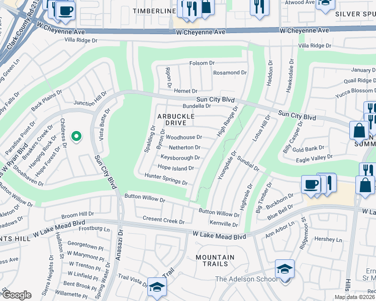 map of restaurants, bars, coffee shops, grocery stores, and more near 10005 Netherton Drive in Las Vegas
