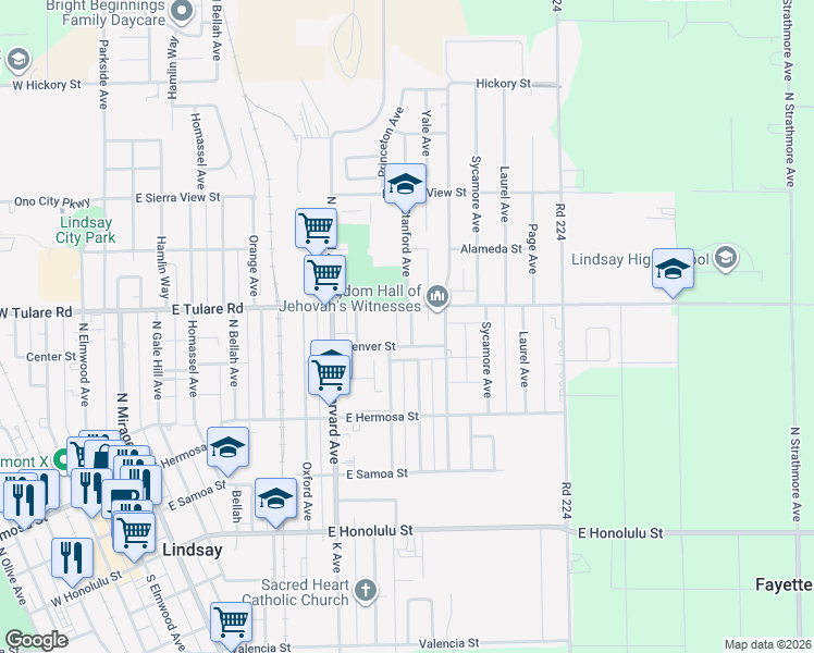 map of restaurants, bars, coffee shops, grocery stores, and more near 486 North Cambridge Avenue in Lindsay