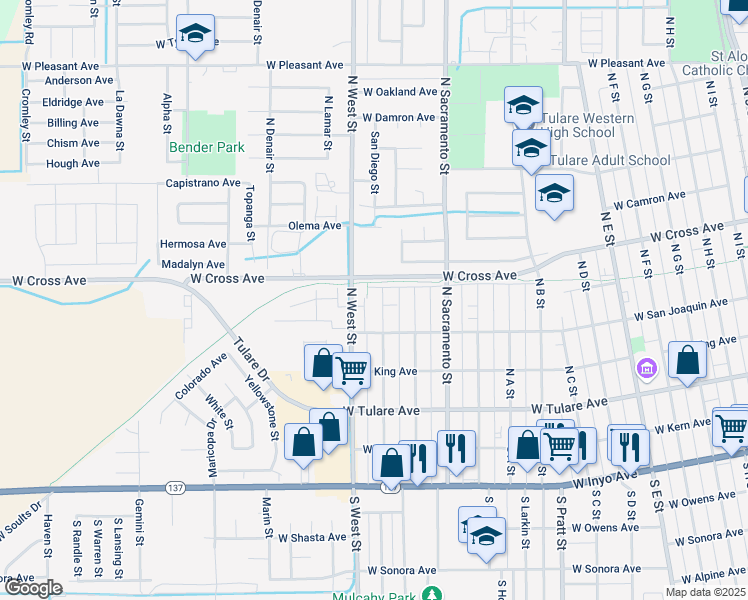 map of restaurants, bars, coffee shops, grocery stores, and more near 356 North Los Angeles Street in Tulare