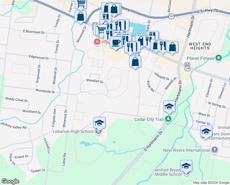 map of restaurants, bars, coffee shops, grocery stores, and more near 1445 Woodside Drive in Lebanon