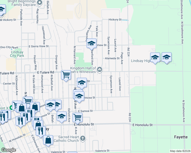 map of restaurants, bars, coffee shops, grocery stores, and more near 486 North Cambridge Avenue in Lindsay