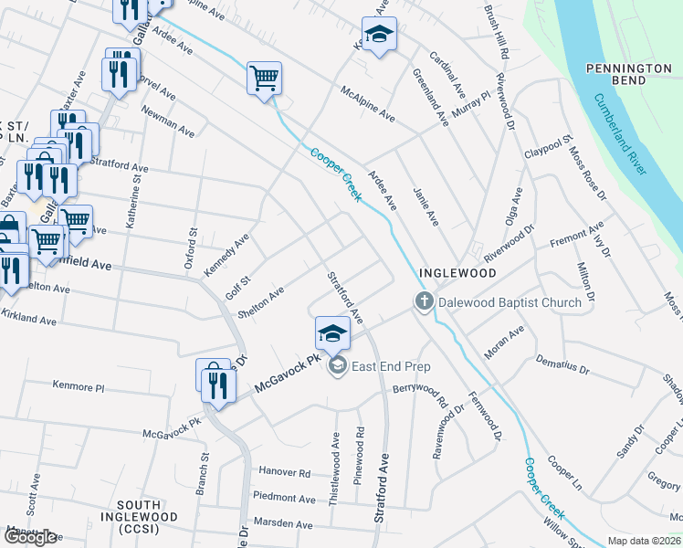 map of restaurants, bars, coffee shops, grocery stores, and more near 1617 Stratford Avenue in Nashville