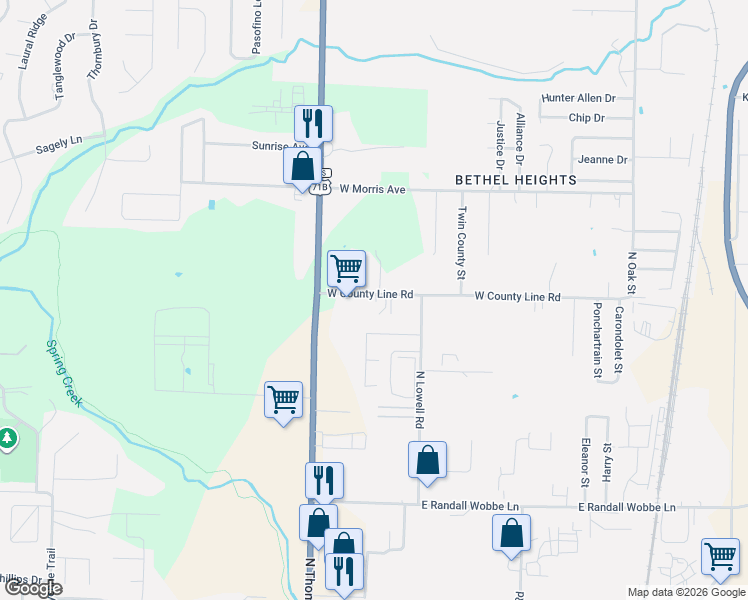 map of restaurants, bars, coffee shops, grocery stores, and more near 679 West County Line Road in Springdale
