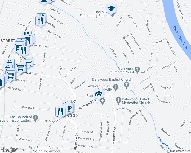 map of restaurants, bars, coffee shops, grocery stores, and more near 1434 Shelton Avenue in Nashville