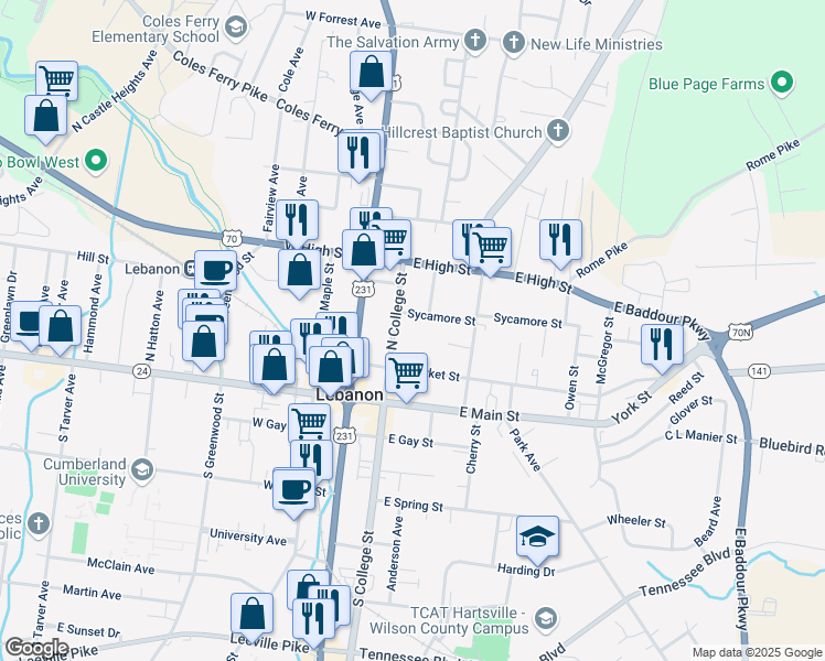 map of restaurants, bars, coffee shops, grocery stores, and more near 213 North College Street in Lebanon