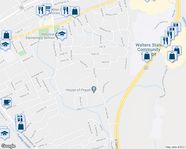 map of restaurants, bars, coffee shops, grocery stores, and more near 814 Gaston St in Morristown