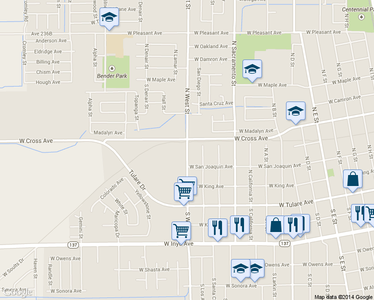 map of restaurants, bars, coffee shops, grocery stores, and more near 325 North West Street in Tulare