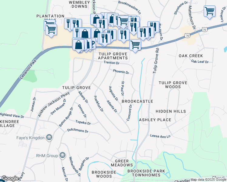 map of restaurants, bars, coffee shops, grocery stores, and more near 533 Augusta Drive in Nashville