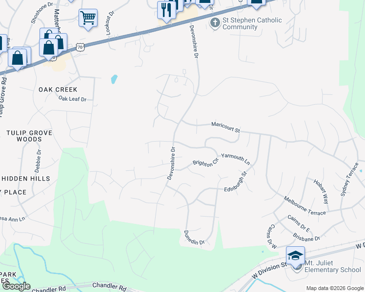 map of restaurants, bars, coffee shops, grocery stores, and more near 1404 Brighton Circle in Old Hickory
