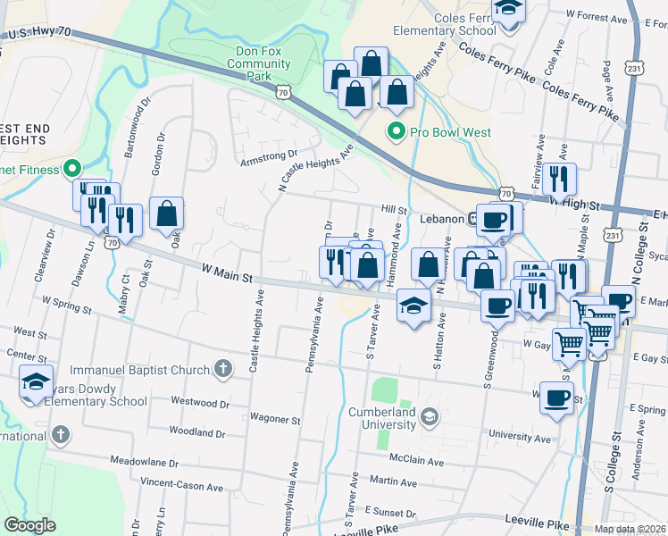 map of restaurants, bars, coffee shops, grocery stores, and more near 107 Greenlawn Dr in Lebanon