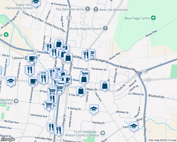 map of restaurants, bars, coffee shops, grocery stores, and more near 221 Cedar Street in Lebanon