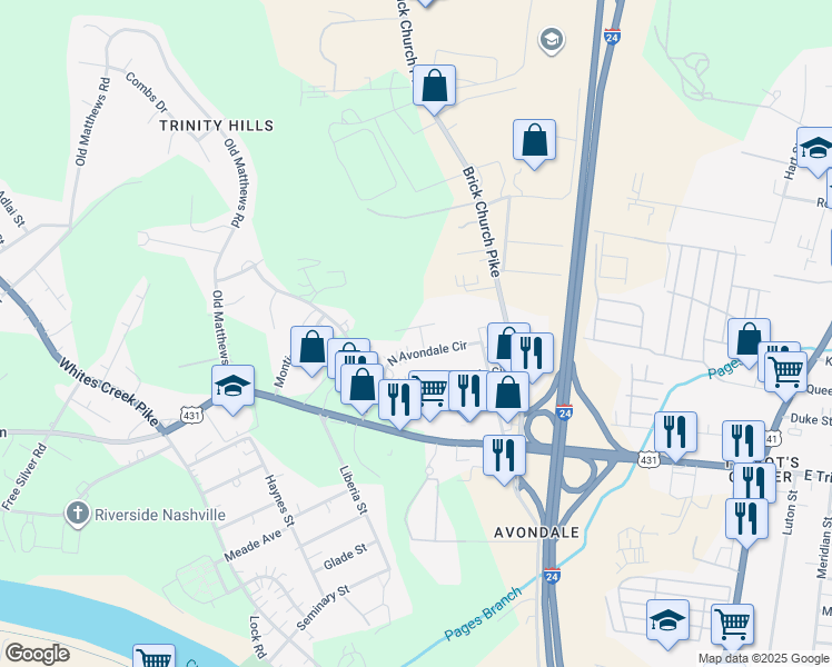 map of restaurants, bars, coffee shops, grocery stores, and more near 1231 North Avondale Circle in Nashville