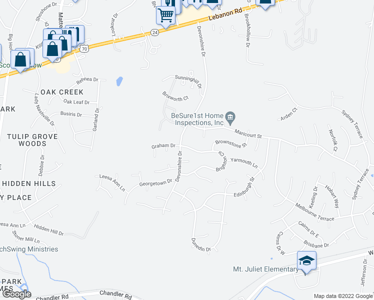 map of restaurants, bars, coffee shops, grocery stores, and more near 1402 Brighton Circle in Mount Juliet