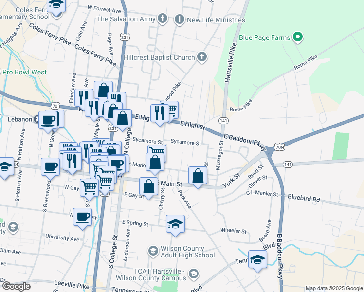map of restaurants, bars, coffee shops, grocery stores, and more near 322 Sycamore St in Lebanon
