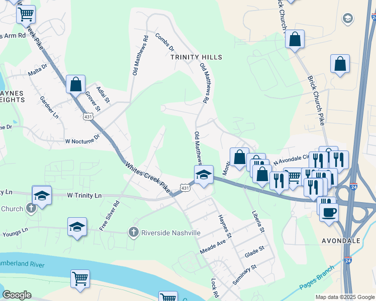 map of restaurants, bars, coffee shops, grocery stores, and more near 2300 Old Matthews Road in Nashville