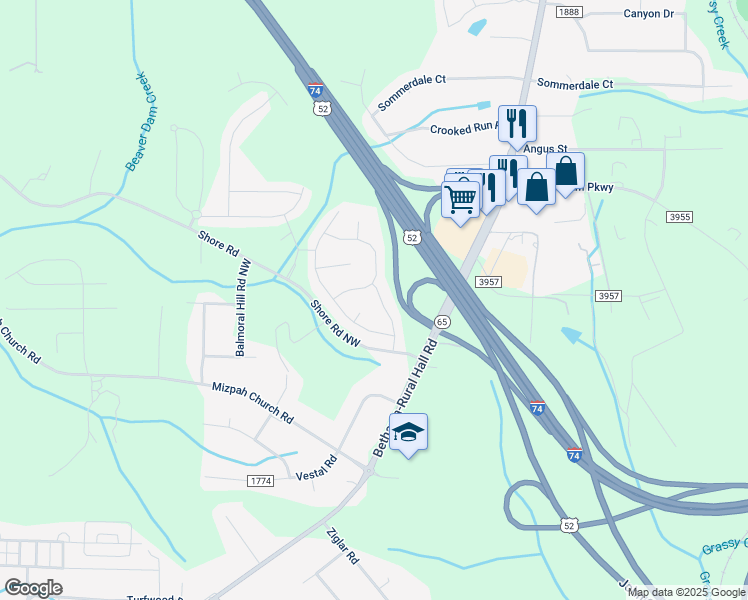 map of restaurants, bars, coffee shops, grocery stores, and more near 982 Bosemon Street in Rural Hall