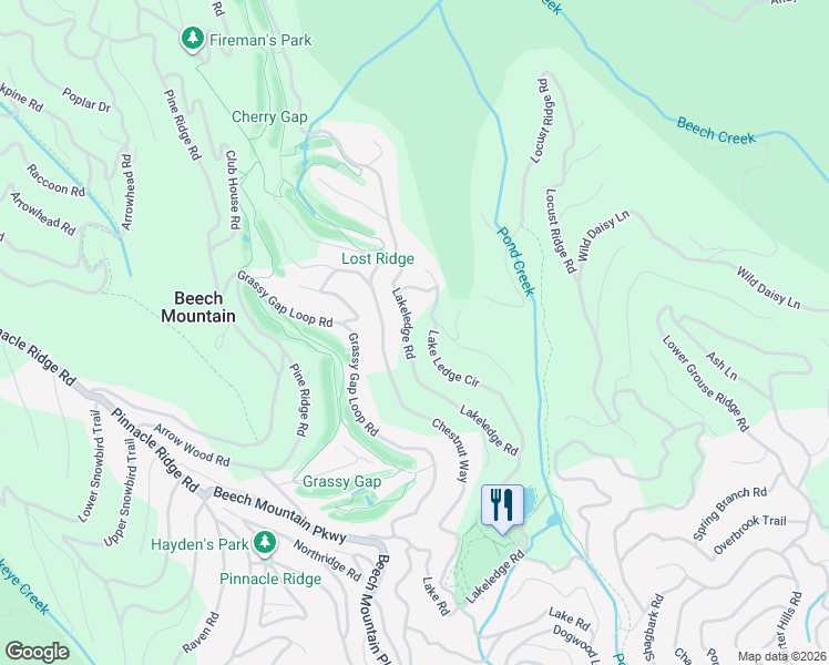 map of restaurants, bars, coffee shops, grocery stores, and more near 234 Lakeledge Road in Beech Mountain