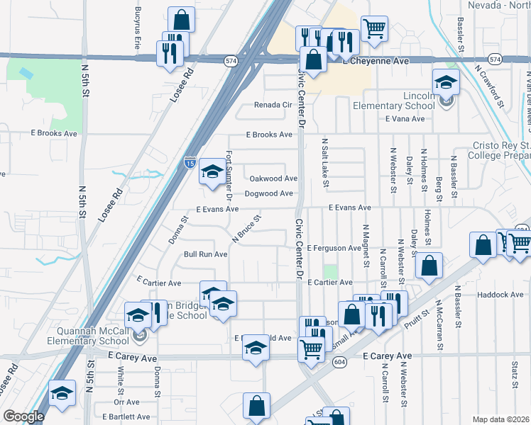 map of restaurants, bars, coffee shops, grocery stores, and more near 2740 North Bruce Street in North Las Vegas