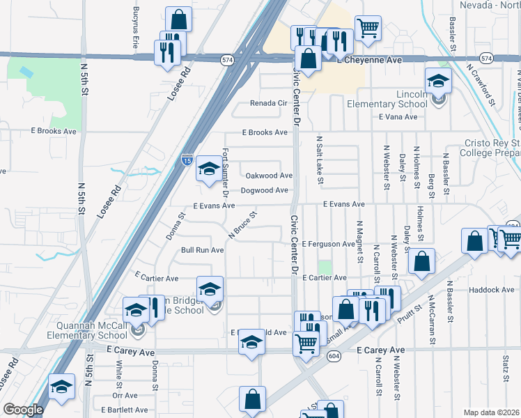 map of restaurants, bars, coffee shops, grocery stores, and more near 2740 North Bruce Street in North Las Vegas