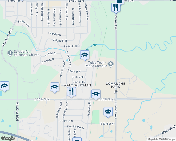 map of restaurants, bars, coffee shops, grocery stores, and more near 3909 North Lansing Avenue in Tulsa
