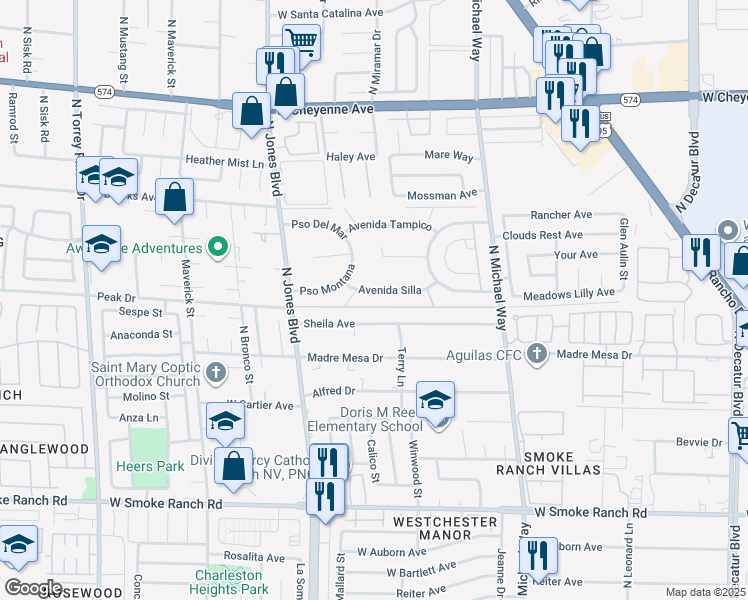 map of restaurants, bars, coffee shops, grocery stores, and more near 5705 Avenida Silla in Las Vegas