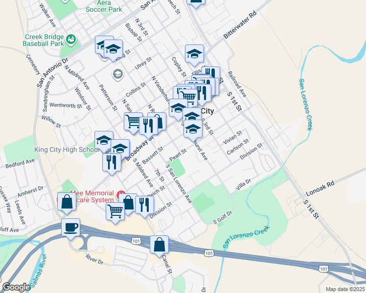 map of restaurants, bars, coffee shops, grocery stores, and more near 218 South Russ Street in King City
