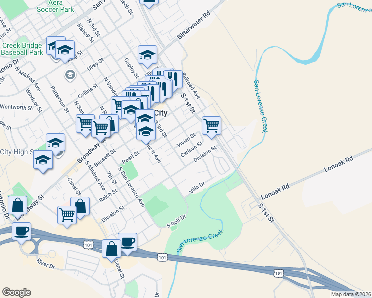 map of restaurants, bars, coffee shops, grocery stores, and more near 214 Carlson Street in King City