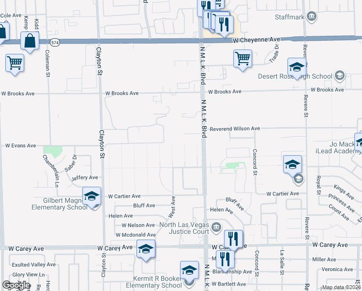 map of restaurants, bars, coffee shops, grocery stores, and more near Wisteria Avenue in North Las Vegas