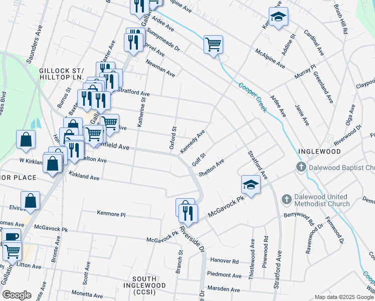 map of restaurants, bars, coffee shops, grocery stores, and more near 3506 Kennedy Avenue in Nashville