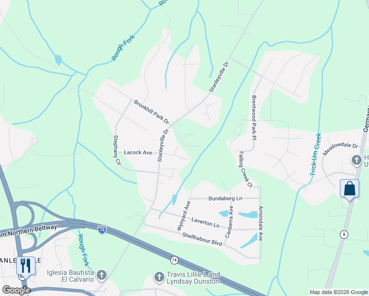 map of restaurants, bars, coffee shops, grocery stores, and more near 5949 Stanleyville Drive in Rural Hall