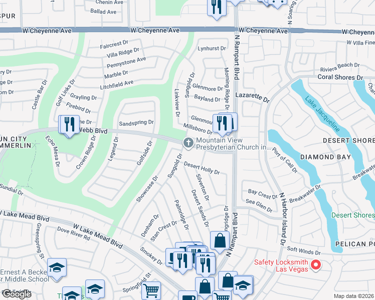 map of restaurants, bars, coffee shops, grocery stores, and more near 8601 Del Webb Boulevard in Las Vegas