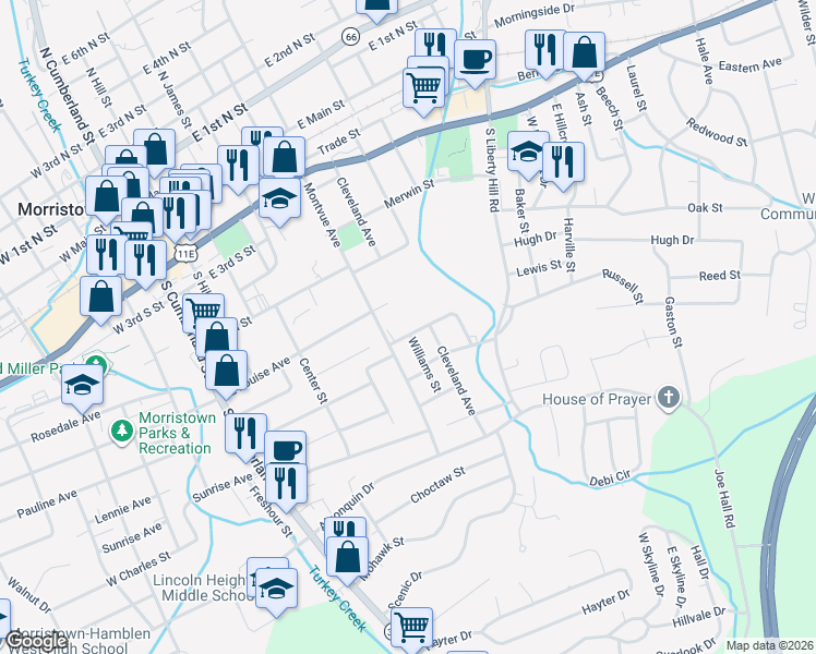 map of restaurants, bars, coffee shops, grocery stores, and more near 713 Rutledge Ave in Morristown