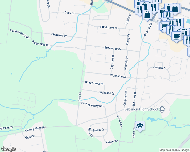 map of restaurants, bars, coffee shops, grocery stores, and more near 1628 Woodside Drive in Lebanon
