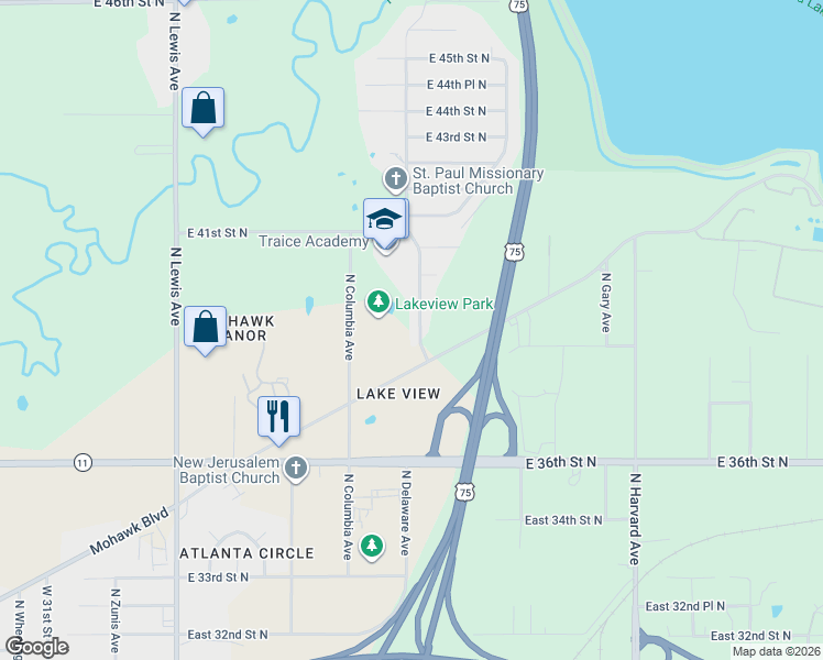 map of restaurants, bars, coffee shops, grocery stores, and more near 3828 North Delaware Avenue in Tulsa