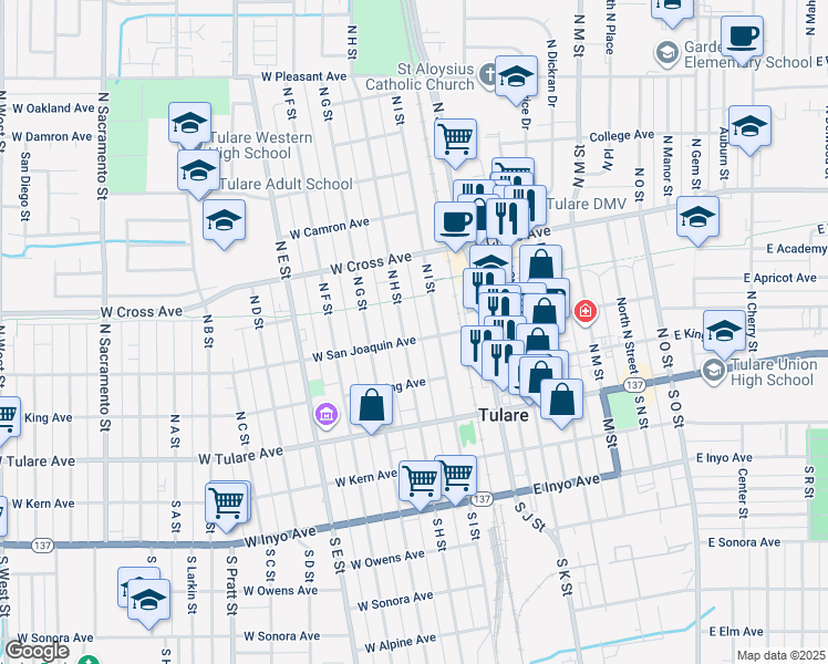 map of restaurants, bars, coffee shops, grocery stores, and more near in Tulare