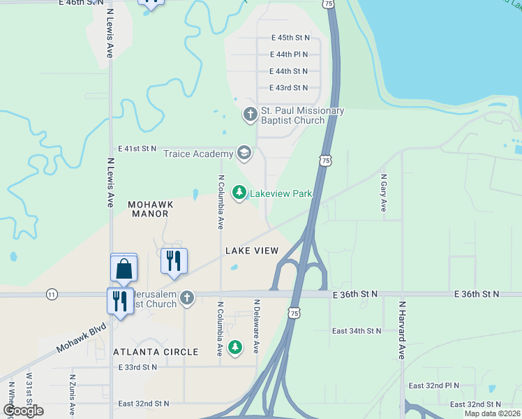 map of restaurants, bars, coffee shops, grocery stores, and more near 3828 North Delaware Avenue in Tulsa