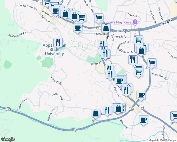 map of restaurants, bars, coffee shops, grocery stores, and more near 139 Whitener Drive in Boone